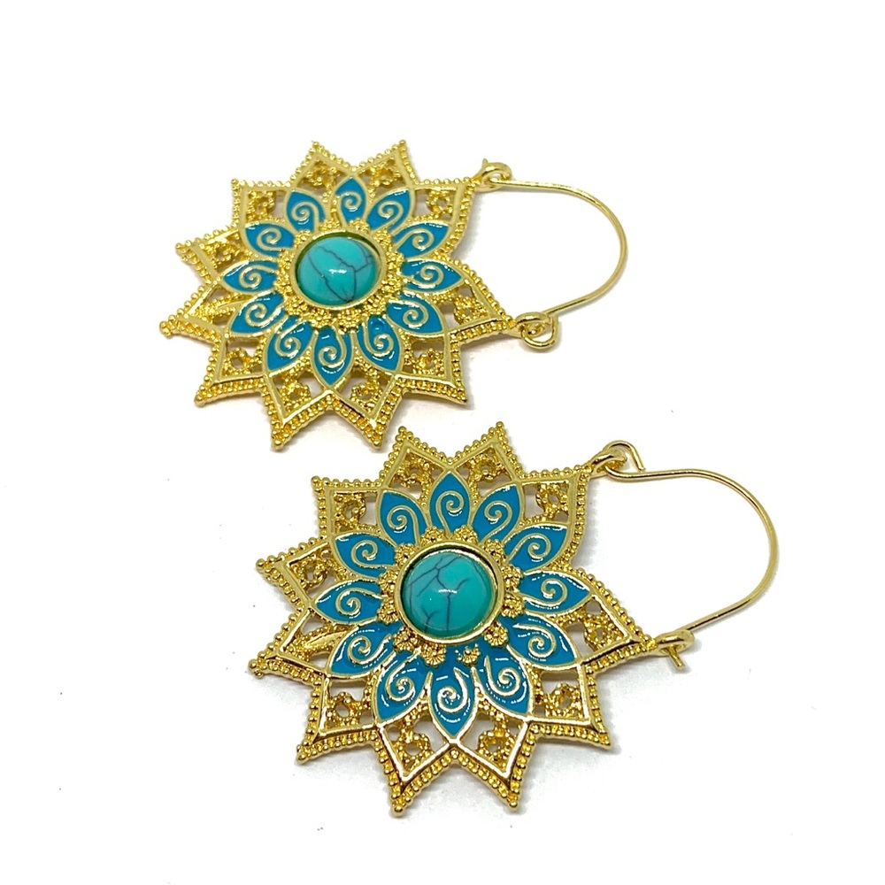 Vintage Ethnic Sunburst Turquoise Drama Earrings